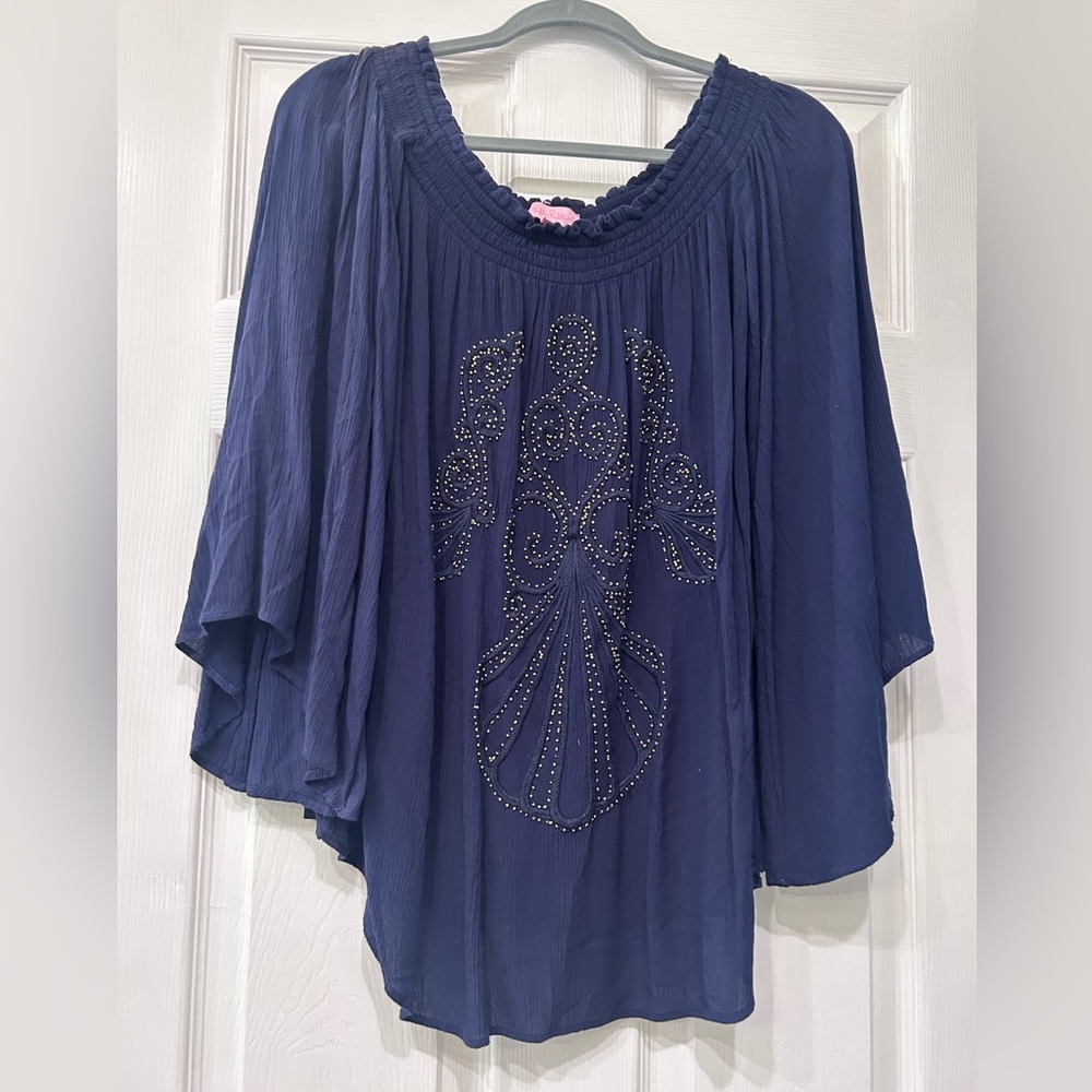 Lilly Pulitzer size large blue flowy top with gold beading 3/4 sleeve